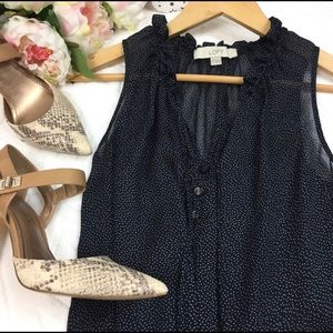 LOFT Navy Blue Sleeveless Ruffle Neck Sheer XS